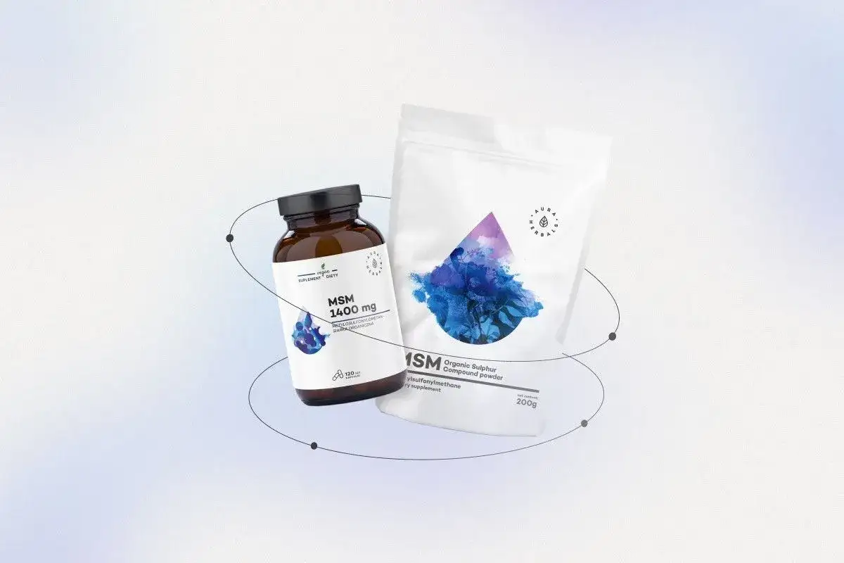 Suplementy diety z MSM, czyli siarką organiczną, w kapsułkach i proszku. Wspierają zdrowie.