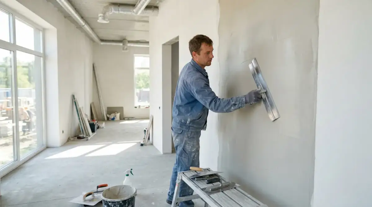 Budowlaniec nakłada gładź na ścianę, sprawdzając, który gips szybciej schnie. W pomieszczeniu widać okna, materiały budowlane i narzędzia.