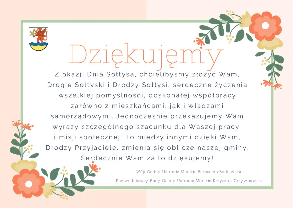 Wesoły dzień sołtysa! Podziękowania dla sołtysów za pracę i zaangażowanie. Kwiatowe ozdoby dodają uroku.