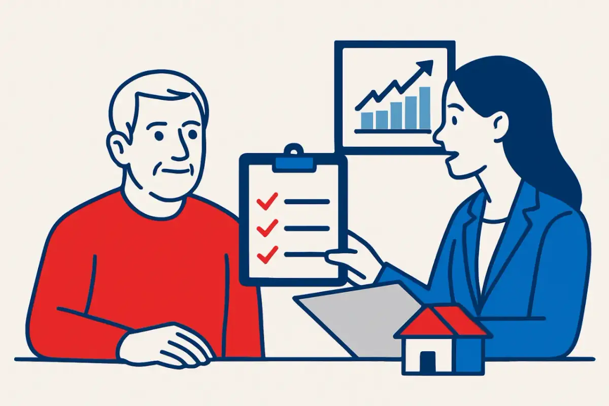 Mężczyzna i kobieta omawiają ofertę. Na tablicy wyniki, a obok mały domek. Sprawdź zakład opiekuńczo leczniczy wolne miejsca.