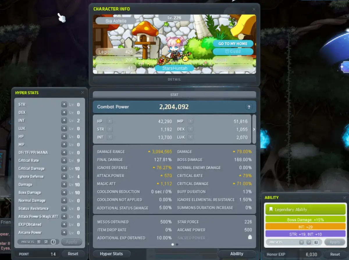 Dygresja co to? Postać Sia Astelle z gry MapleStory, z widocznymi statystykami postaci, w tym siłą, zręcznością i inteligencją.