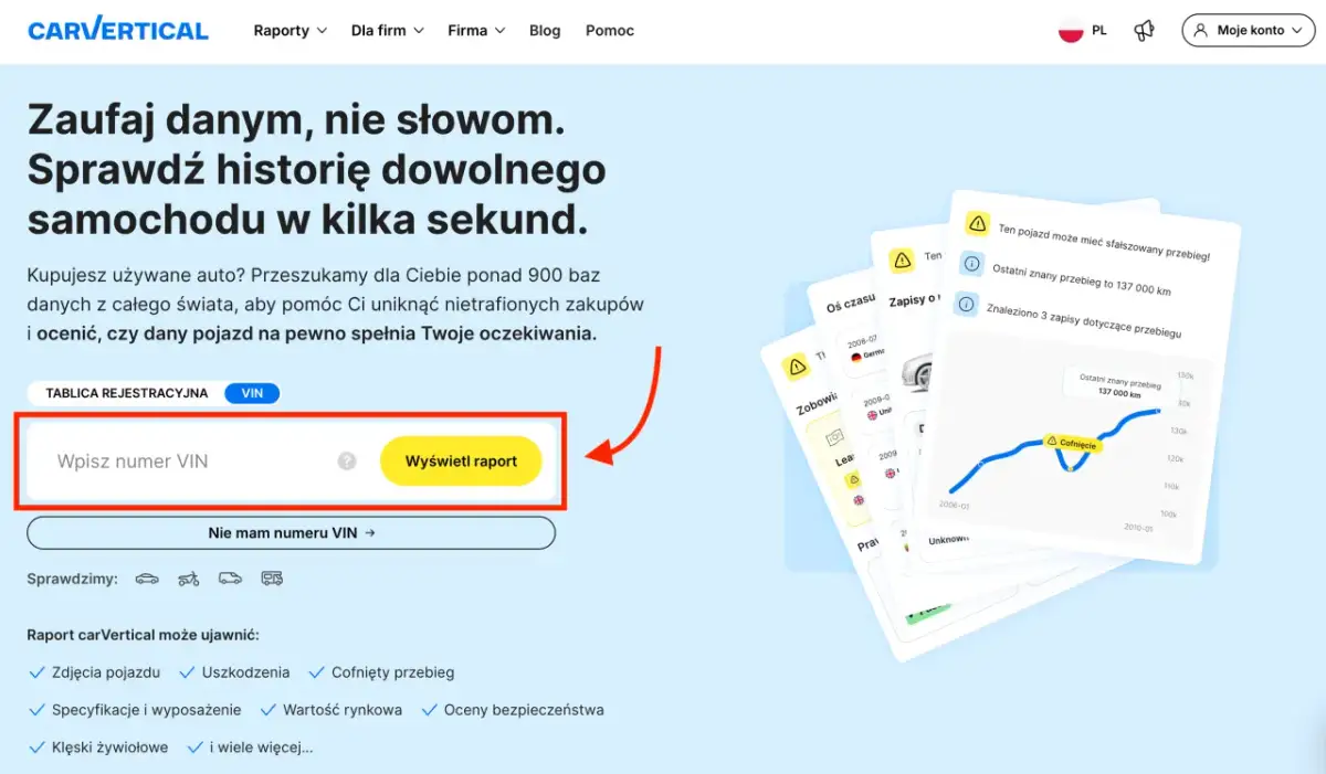 Kupujesz auto? Sprawdź historię pojazdu po VIN, by wiedzieć, o co pytać przy zakupie auta. Raport ujawni cofnięty przebieg i inne wady.