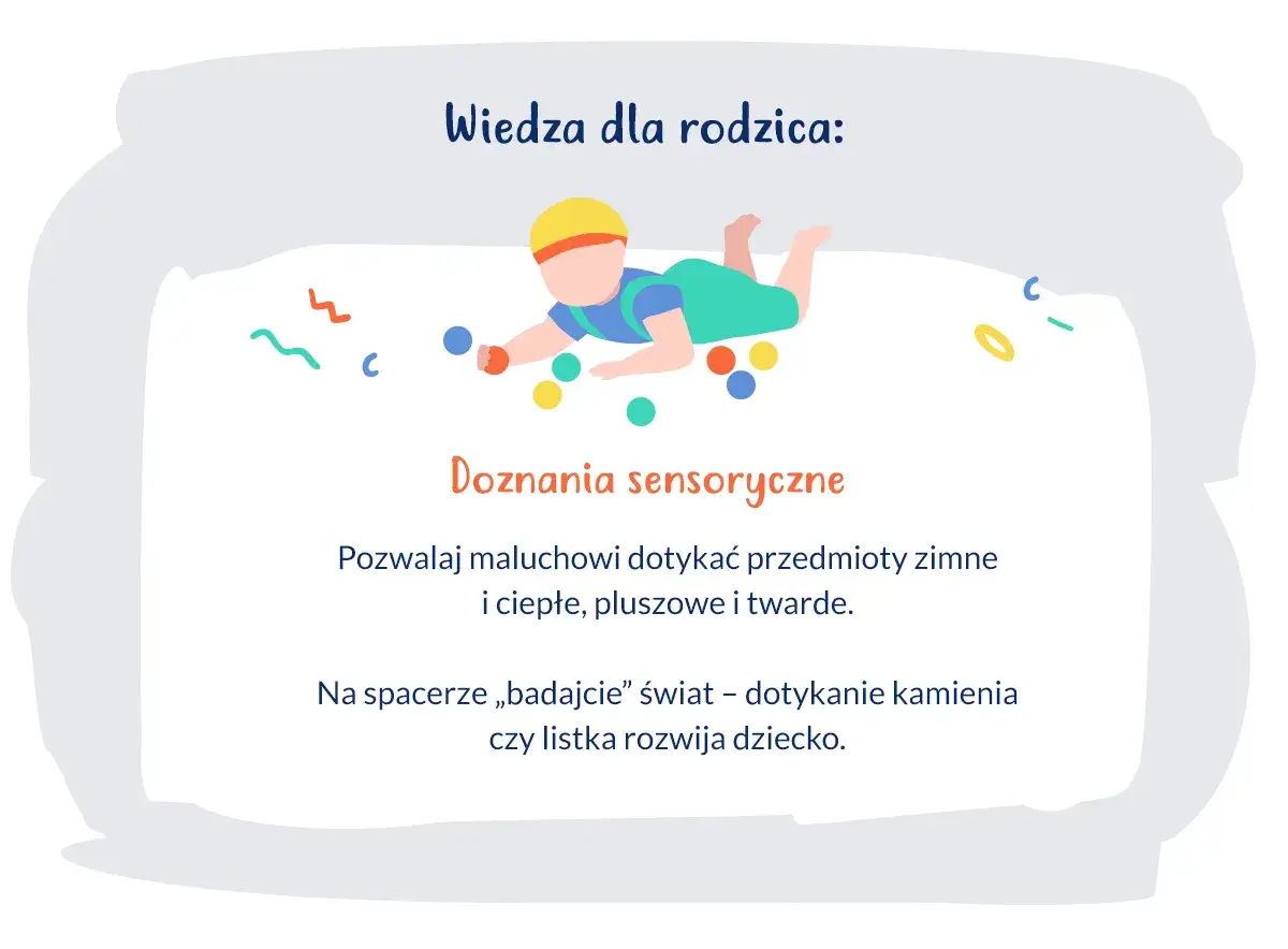 Ilustracja dziecka raczkującego wśród kolorowych kulek i ozdobnych kształtów.