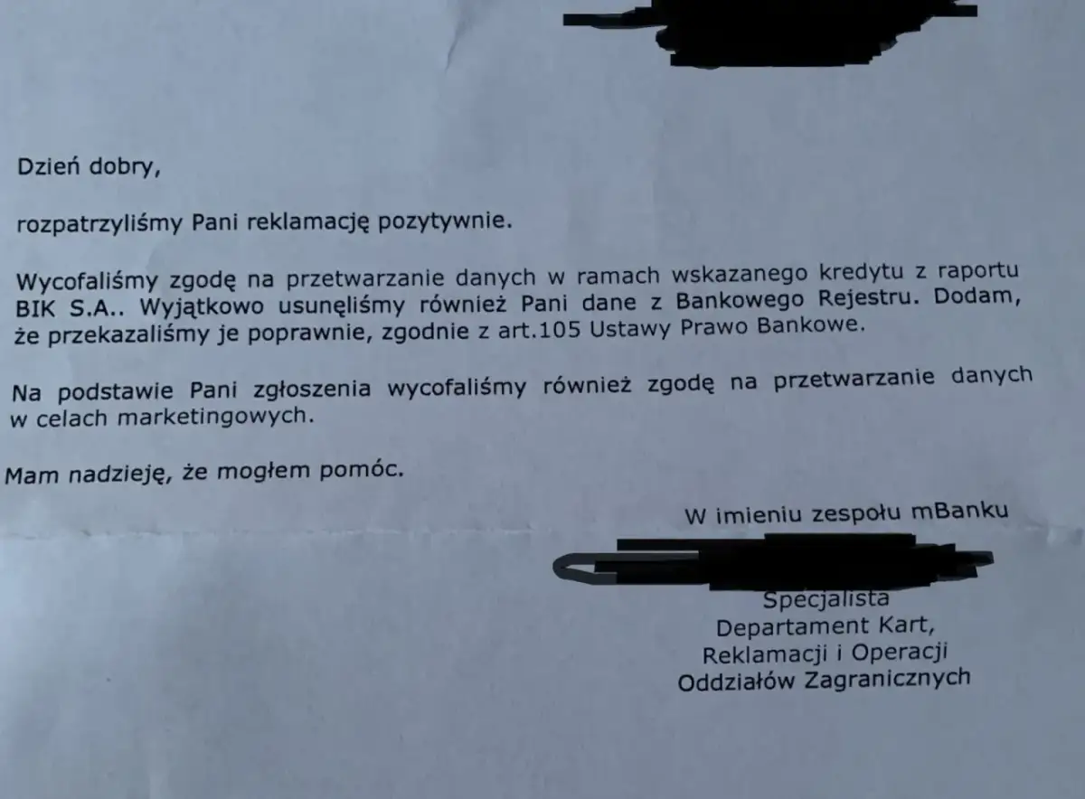 Pismo bankowe informuje o rozpatrzeniu reklamacji i wycofaniu zgody na przetwarzanie danych z BIK. Nie ma tu informacji, ile trwa wykreślenie z BIK.