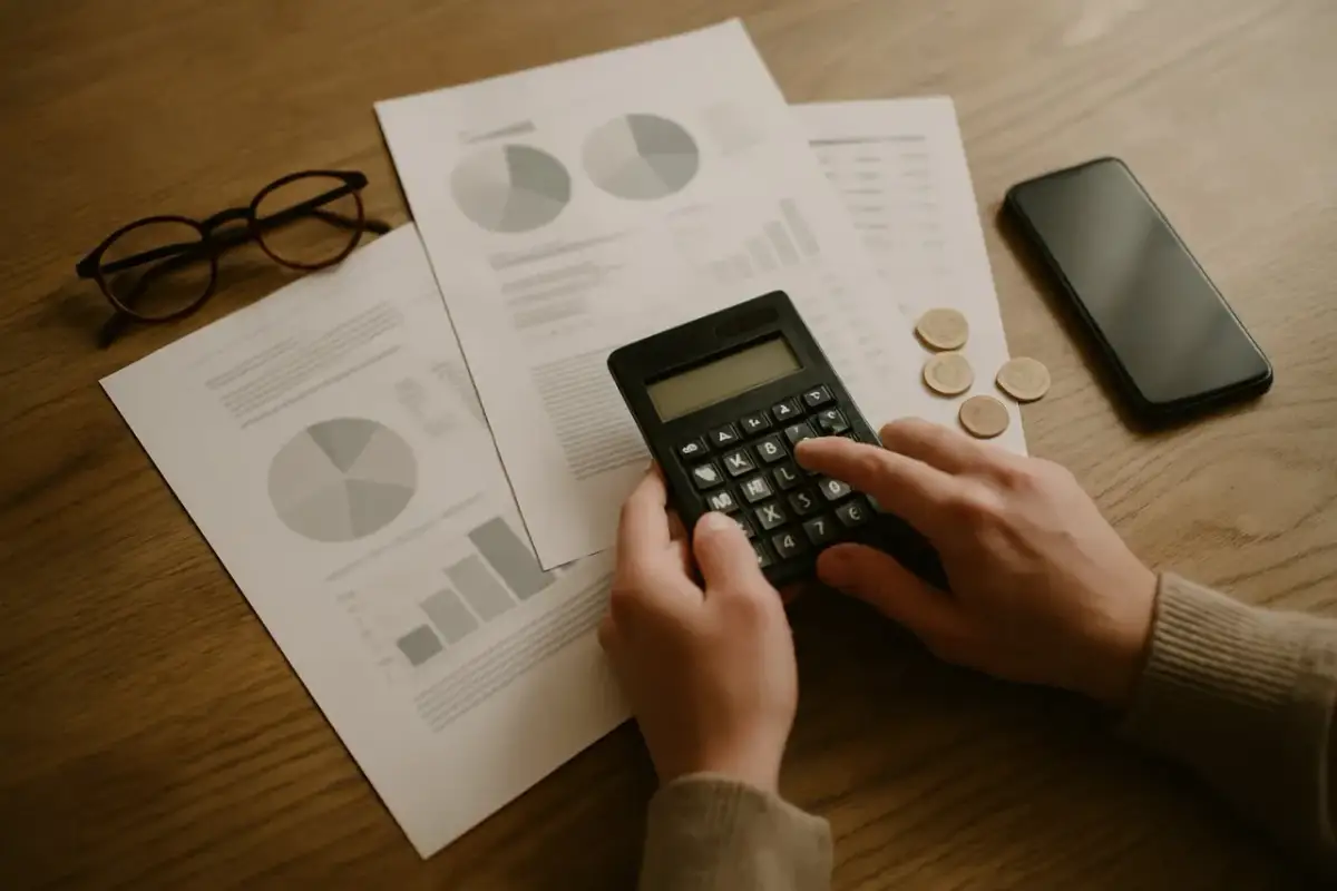 Ręce liczą na kalkulatorze obok dokumentów, telefonu i monet. Dowiedz się, jak anulować wniosek o pożyczkę w ipko.