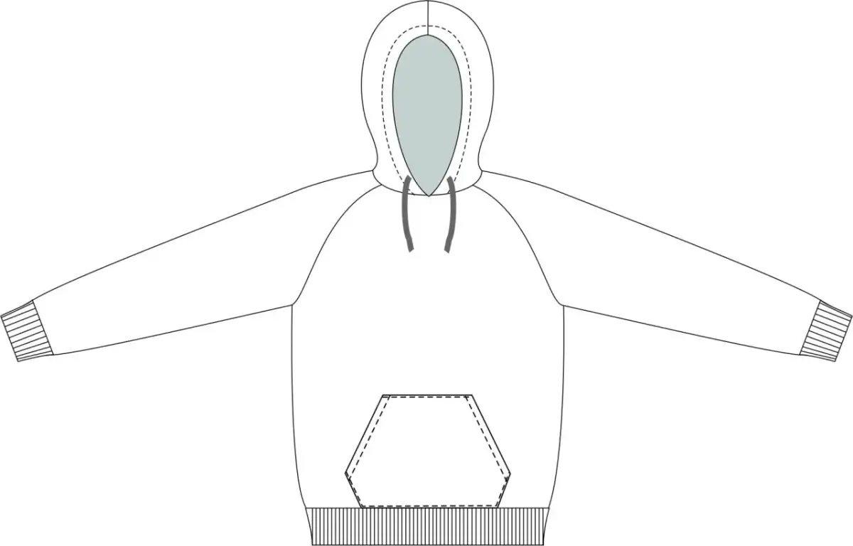 Schematyczny rysunek pokazuje, jak narysować bluzę z kapturem z kieszenią kangurką i ściągaczami.