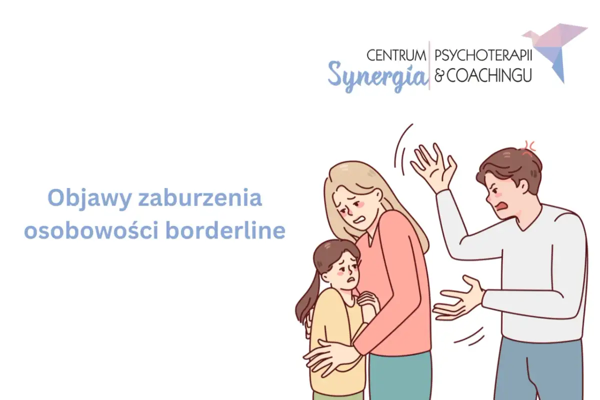 Ilustracja przedstawia kłócącego się mężczyznę i przerażoną rodzinę: matkę chroniącą córkę.