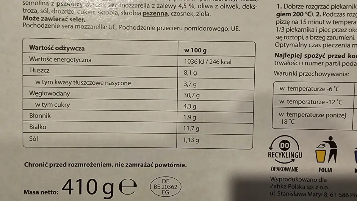 Tabela wartości odżywczych pizzy z podziałem na składniki i ilością kalorii w 100g.