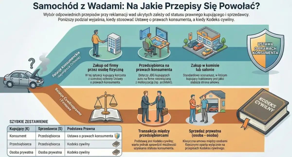 Schemat pokazuje, kiedy stosować Ustawę o prawach konsumenta, a kiedy Kodeks cywilny, np. przy zwrocie samochodu po zakupie.