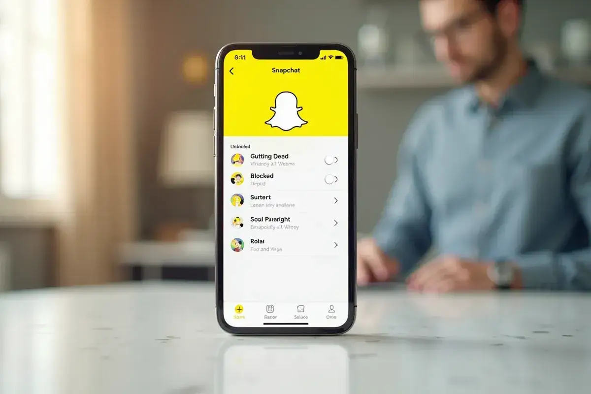 Ekran telefonu z listą zablokowanych użytkowników na Snapchacie. Widzisz opcję "Unblocked" i przyciski, jak odblokować kogoś na Snapie.