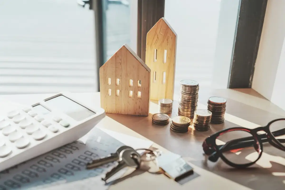 Drewniane domki, stosy monet i klucze symbolizują, ile trzeba mieć wkładu własnego na zakup nieruchomości.