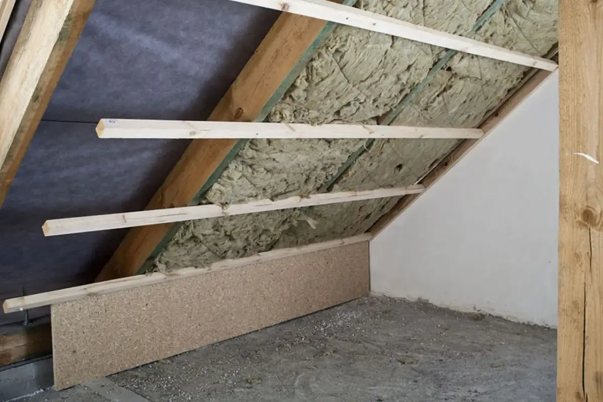 Ocieplanie strychu: widok na wełnę mineralną między drewnianymi belkami, przygotowanie do montażu płyt.