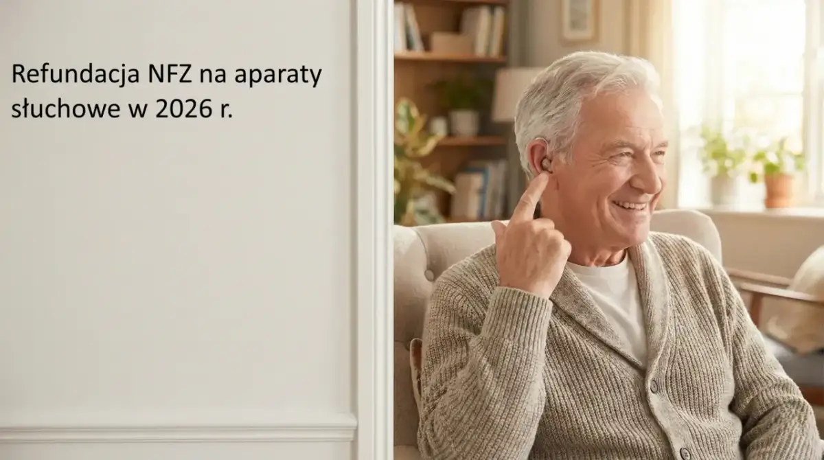 Uśmiechnięty starszy pan z aparatem słuchowym. Dowiedz się, ile wynosi dofinansowanie do aparatu słuchowego z NFZ w 2026 roku.