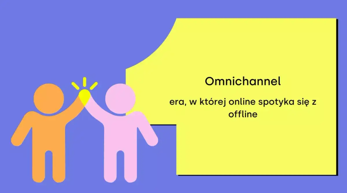 Dwie postacie dają sobie piątkę, symbolizując erę omnichannel marketingu, gdzie online spotyka się z offline.