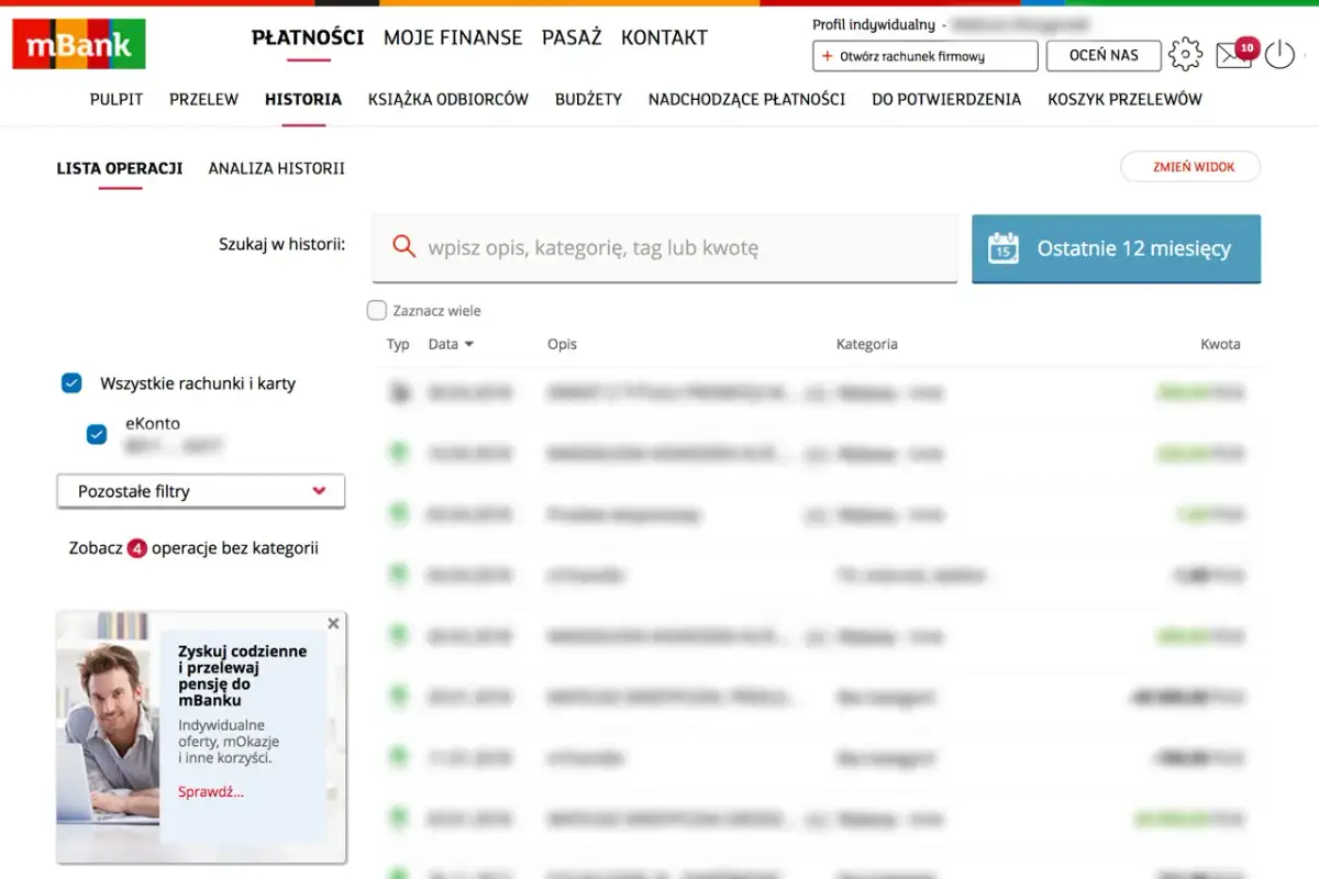 Historia operacji w mBanku. Szukaj przelewów, by pobrać potwierdzenie.