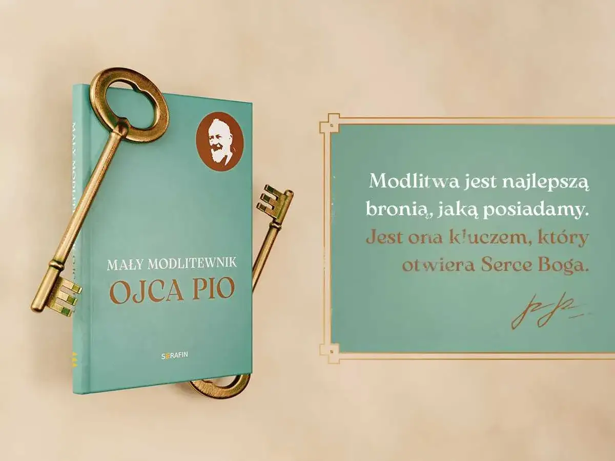 Książka "Mały modlitewnik Ojca Pio" z kluczami symbolizującymi modlitwę jako klucz do Serca Boga.