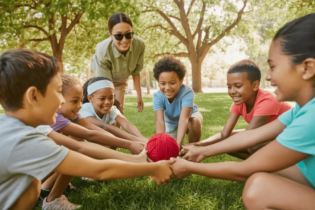 Dzieci i nauczycielka trzymają razem czerwoną kulę z włóczki na trawie.