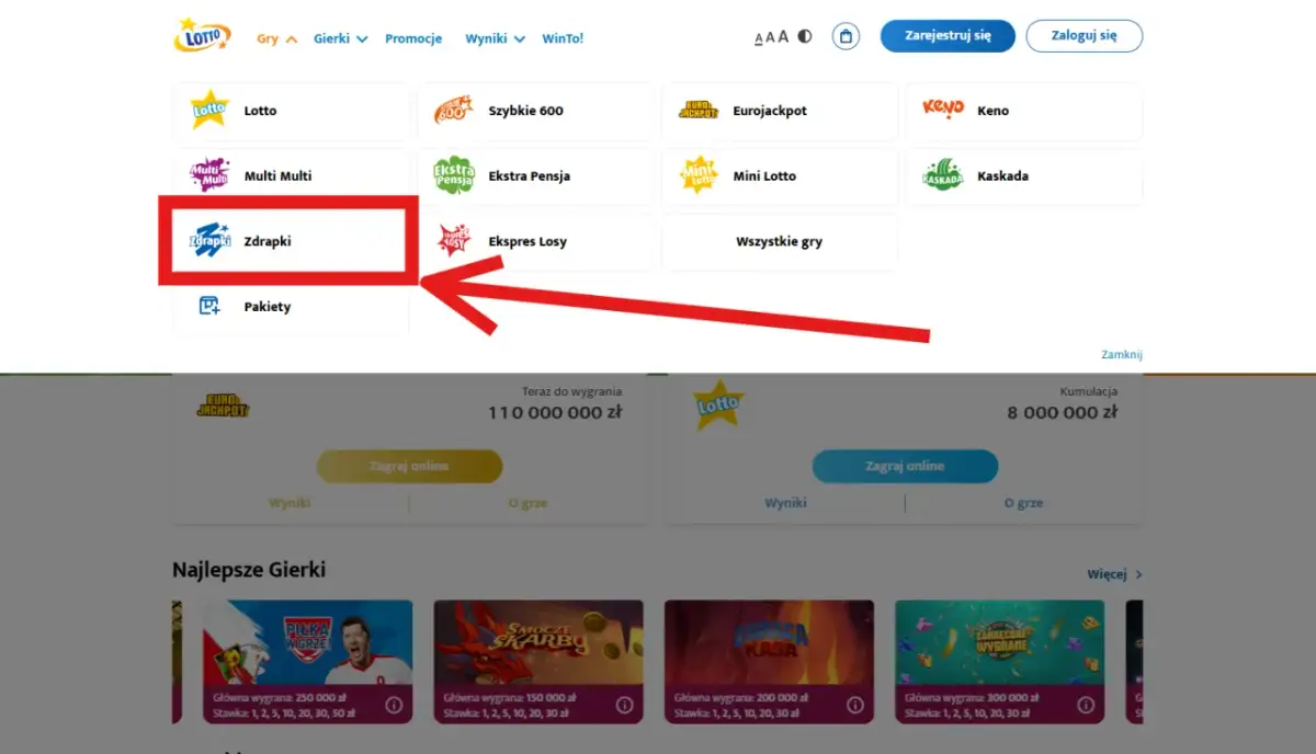 Gdzie kupić zdrapki lotto? Kliknij w menu "Zdrapki", aby zobaczyć dostępne gry.