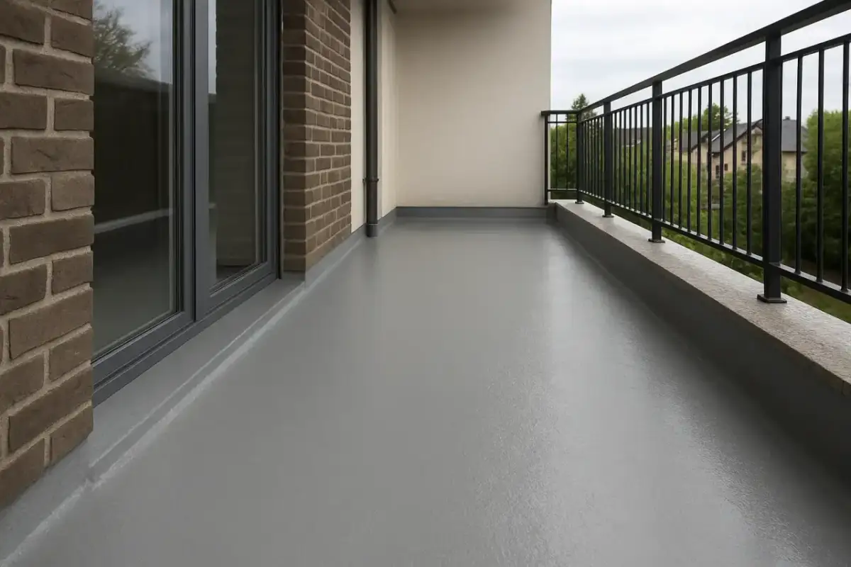 Szary, gładki balkon z płynną membraną dachową, z ceglaną ścianą i metalową balustradą.