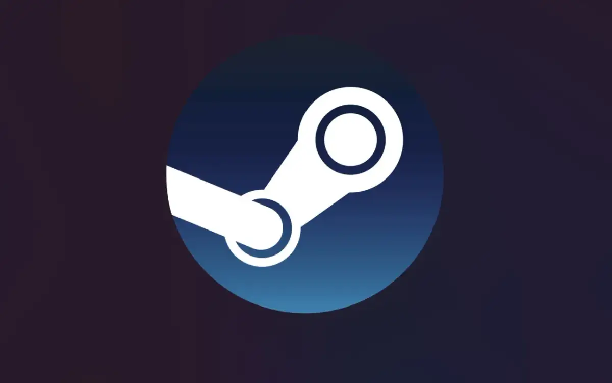 Logo Steam na tle gradientu od ciemnego fioletu do niebieskiego.
