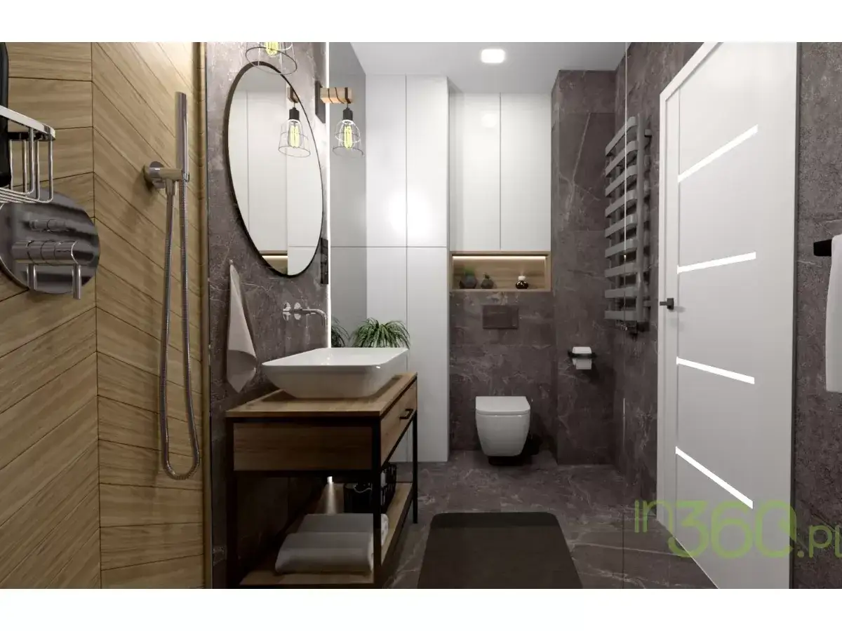 Szara łazienka: Jakie szafki? Drewno, biel czy czerń?