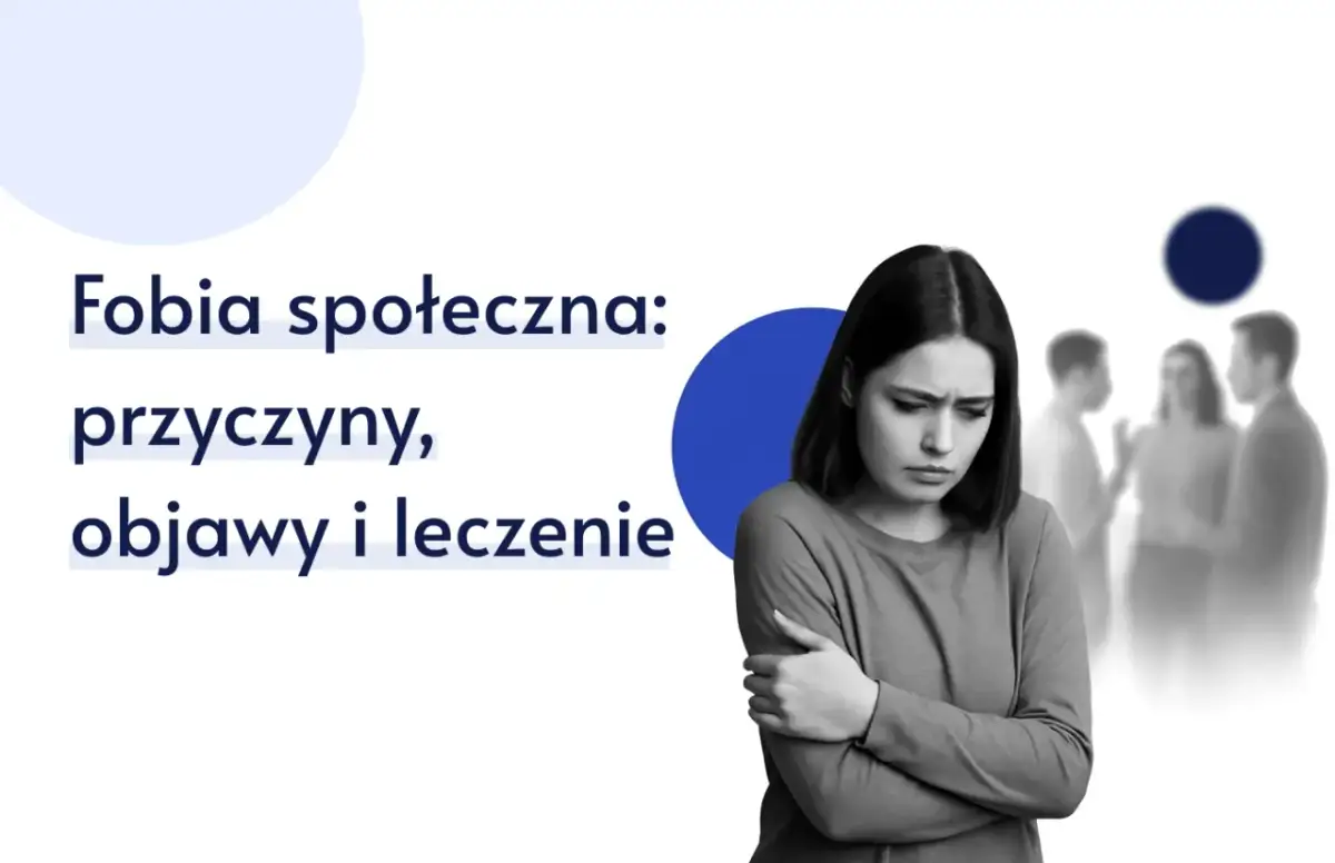 Smutna kobieta z fobią społeczną, otoczona rozmytymi postaciami.