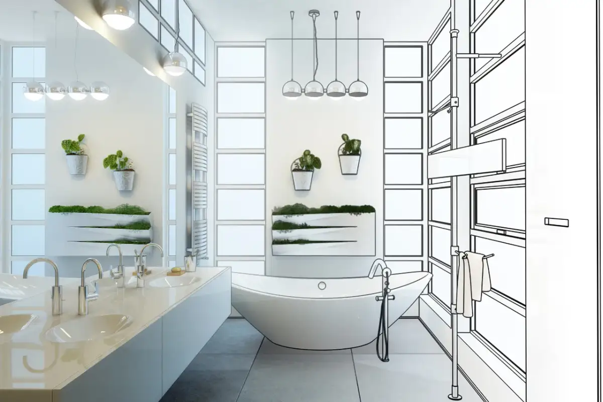 Wizualizacja łazienki w trakcie remontu: część gotowa, część szkic.