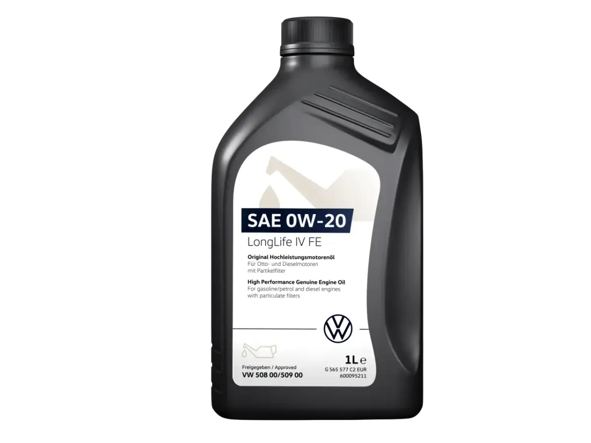 Schwarze Ölflasche mit SAE 0W-20 LongLife IV FE Aufschrift und VW-Logo.