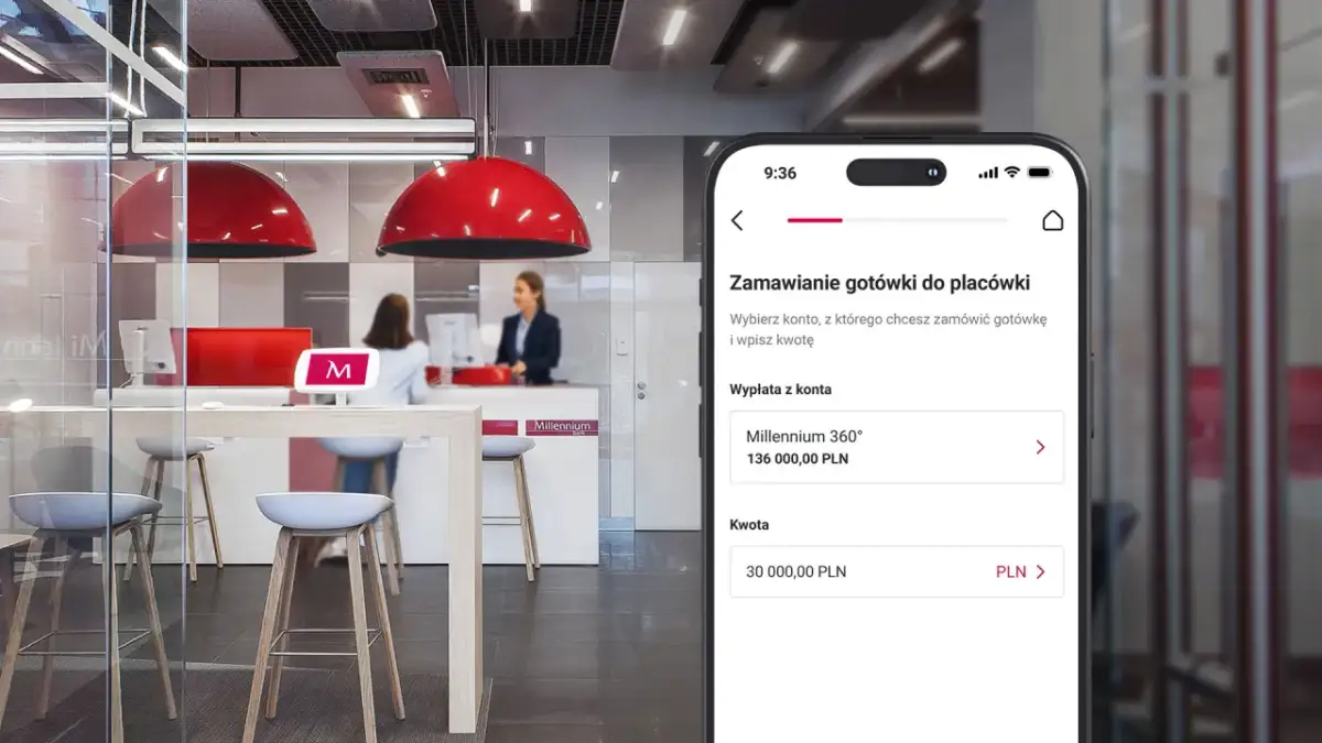 Zamawianie gotówki w oddziale Banku Millennium. Aplikacja mobilna pozwala wybrać konto i wpisać kwotę wypłaty.