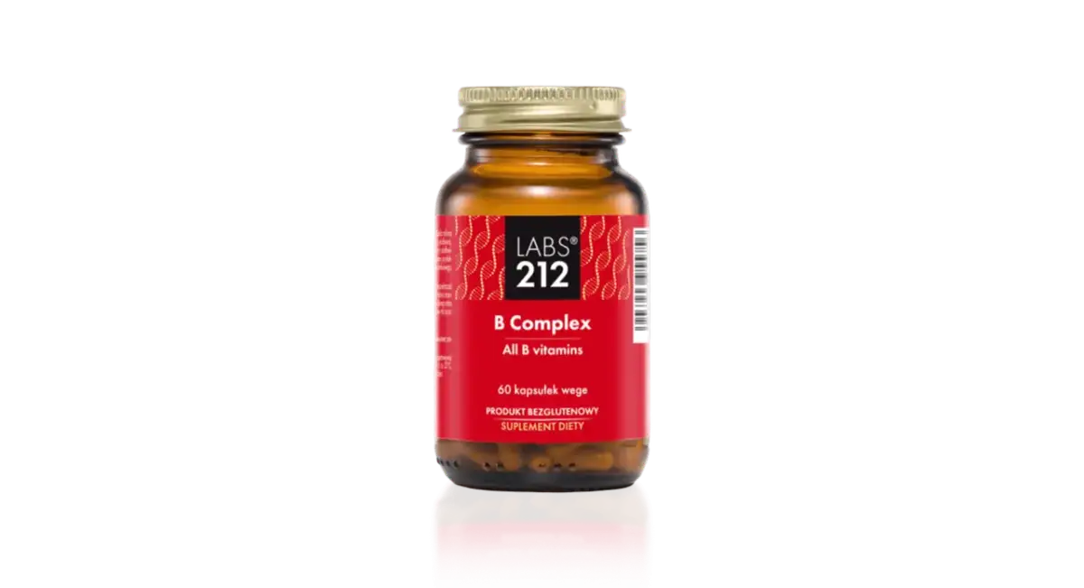 Bursztynowa butelka suplementu diety "B Complex" z czerwoną etykietą.