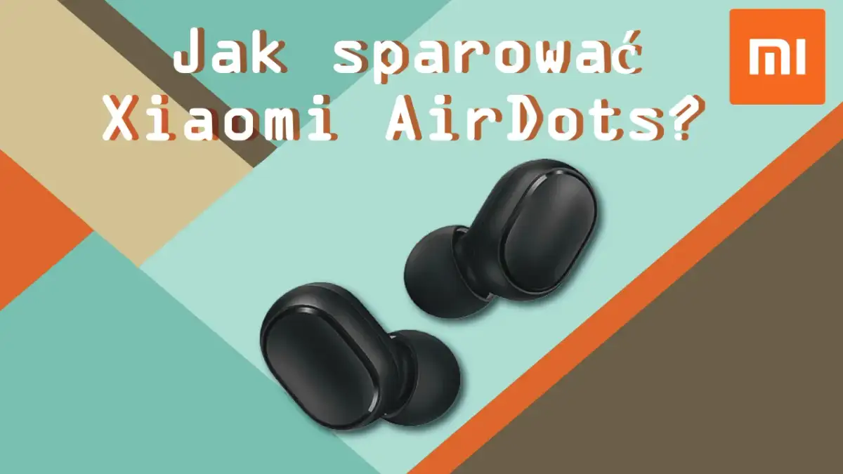 Dwa czarne słuchawki Xiaomi AirDots na geometrycznym tle.