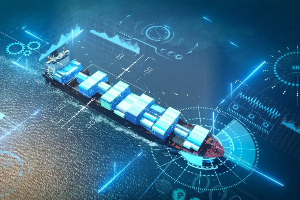 Kontenerowiec na morzu z cyfrowymi wykresami i danymi.