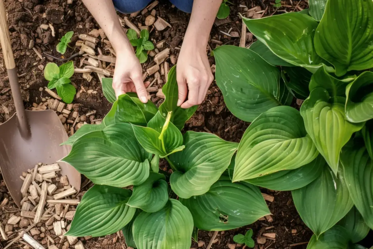 Ręce pielęgnują zielone liście funkii, przygotowując je do przesadzenia. Obok łopata z korą.