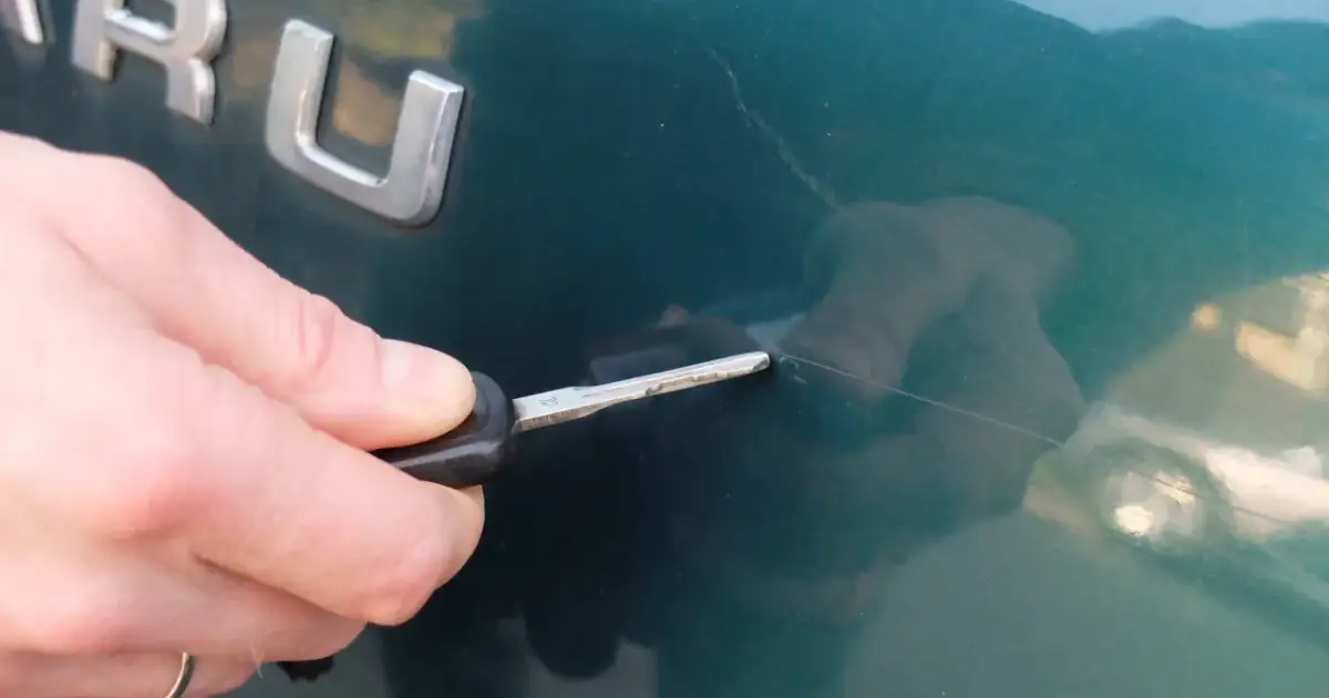 Dłoń z kluczykiem samochodowym wskazuje na rysy na zielonym lakierze. Takie drobne rysy można wypolerować.