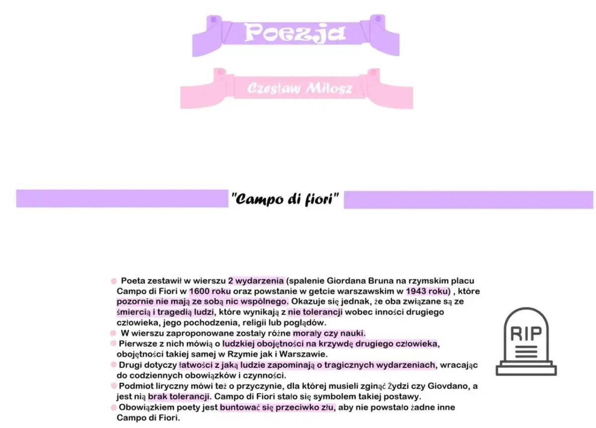 Wiersz "Campo di fiori" Czesława Miłosza zestawia tragedie Rzymu i Warszawy, ukazując obojętność i brak tolerancji.