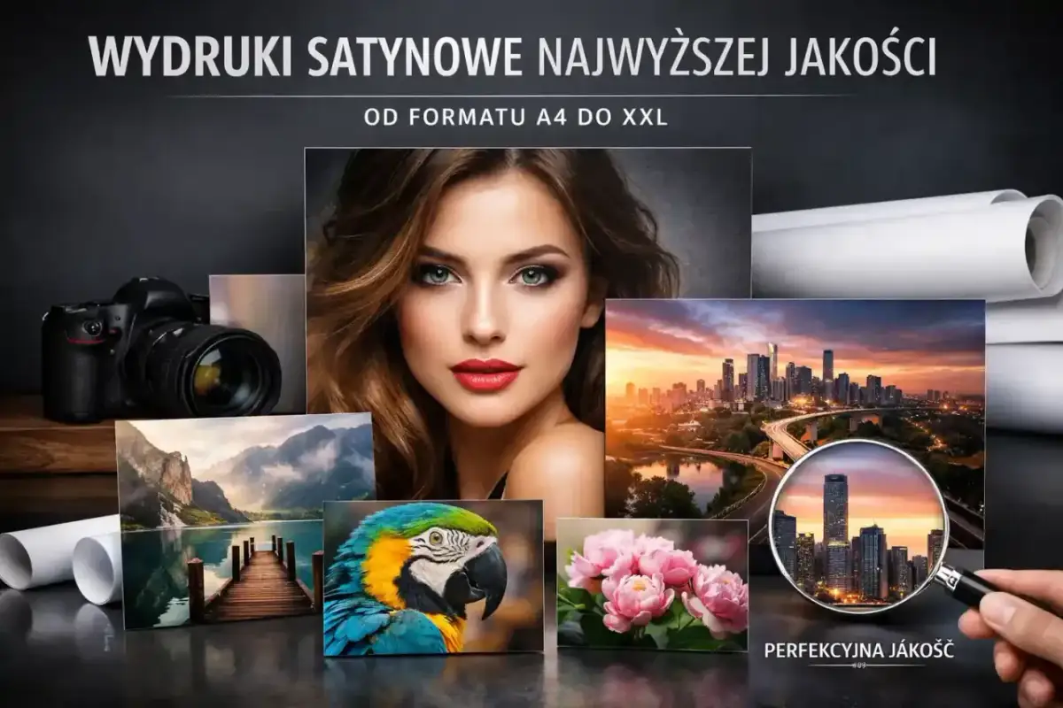 Kolaż zdjęć: portret kobiety, krajobraz górski, papuga, kwiaty, miasto, aparat i rolki papieru.