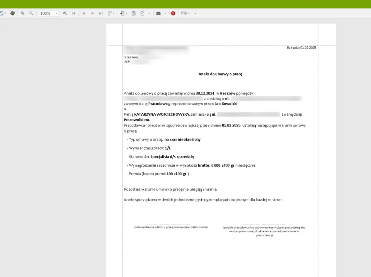 Aneks do umowy o pracę z dnia 01.02.2025 r. dla Pani Katarzyny Wojciechowskiej, ustalający warunki zatrudnienia na stanowisku specjalisty d/s sprzedaży.