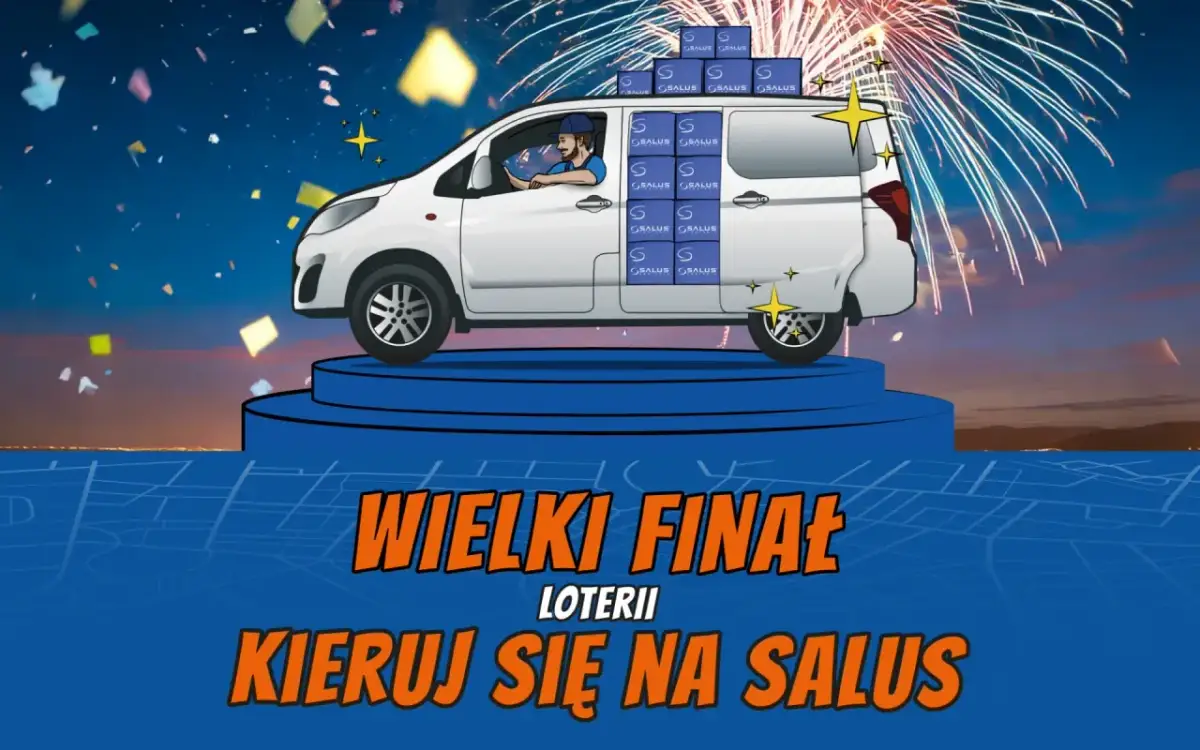 Biały van pełen paczek z logo "SALUS" na niebieskim podeście, fajerwerki i konfetti. Wielki finał loterii, kieruj się na Salus!