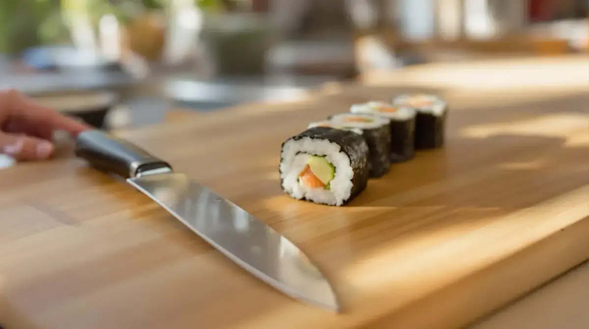 Nóż i gotowe rolki sushi na desce. Dowiedz się, jak kroić ogórka do sushi, by uzyskać idealne kawałki.