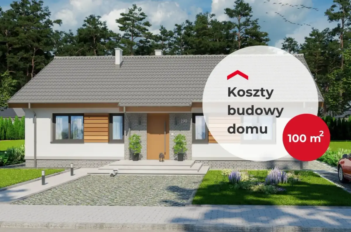 Nowoczesny dom parterowy z podjazdem i ogrodem, z nakładką tekstową "Koszty budowy domu 100 m²".