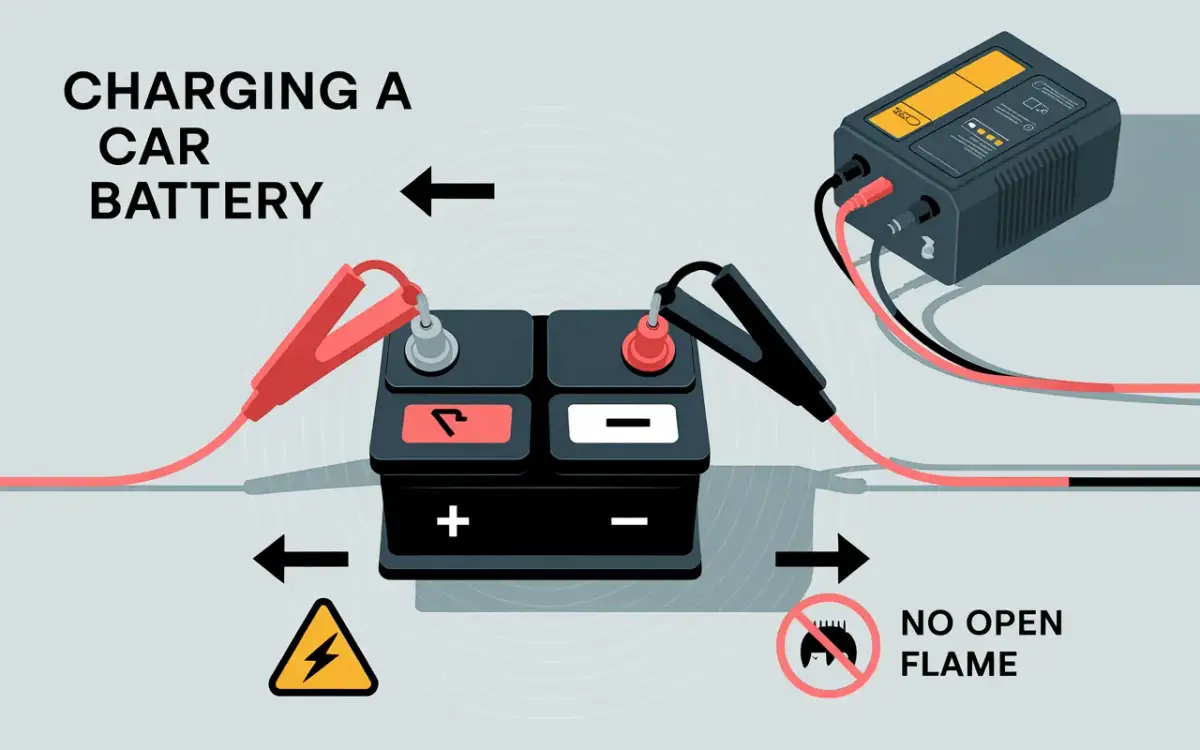 Ilustracja przedstawia podłączanie prostownika do akumulatora samochodowego.
