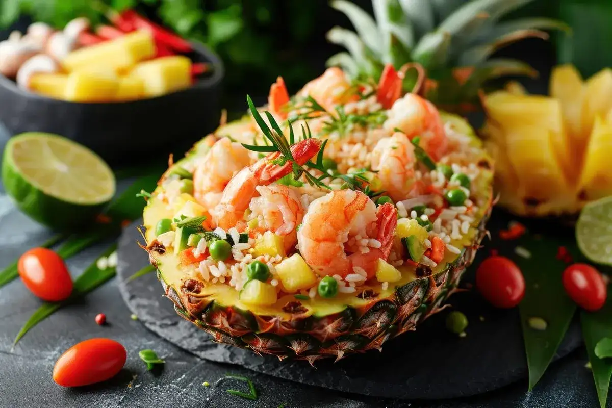 Pyszna sałatka z ananasem, ryżem i krewetkami, podana w połówce ananasa. Kolorowe warzywa i zioła dodają świeżości.