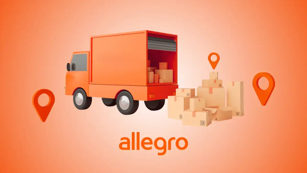 Pomarańczowa ciężarówka z otwartym tyłem, pełna paczek, obok stosy kartonów i pinezki. Symbolizuje wydanie towaru przez Allegro.