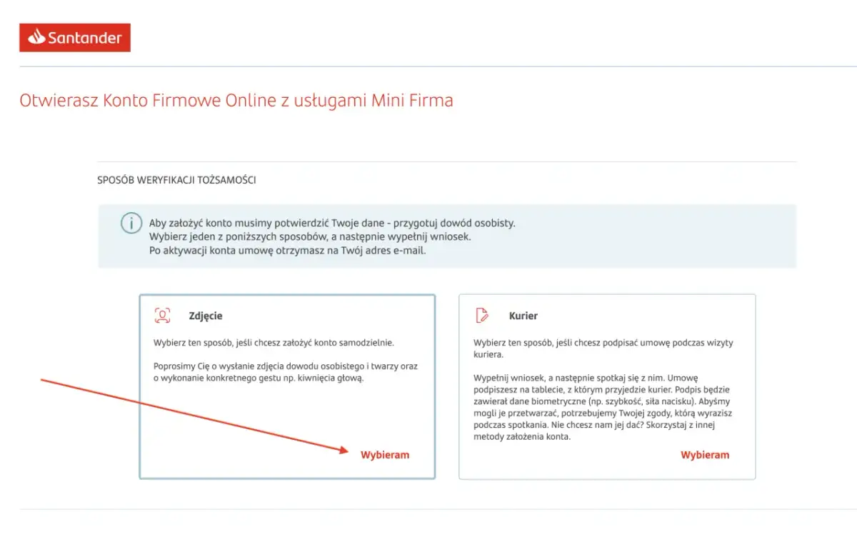 Otwierasz konto firmowe online bez kuriera. Wybierz weryfikację zdjęciem lub kurierem.