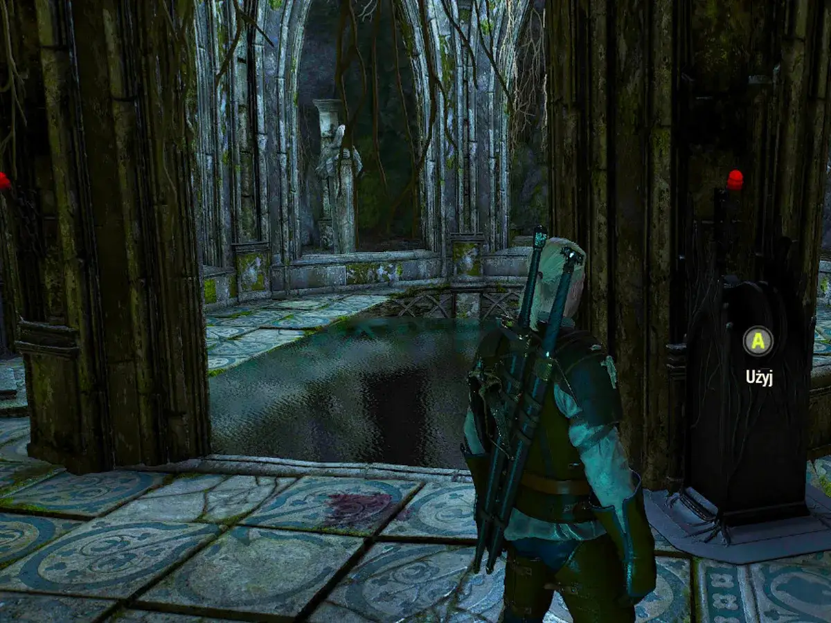 Geralt stoi przed tronem w zrujnowanej komnacie, rozwiązując zagadkę o dima. Woda zalewa podłogę, a roślinność oplata kamienne kolumny.