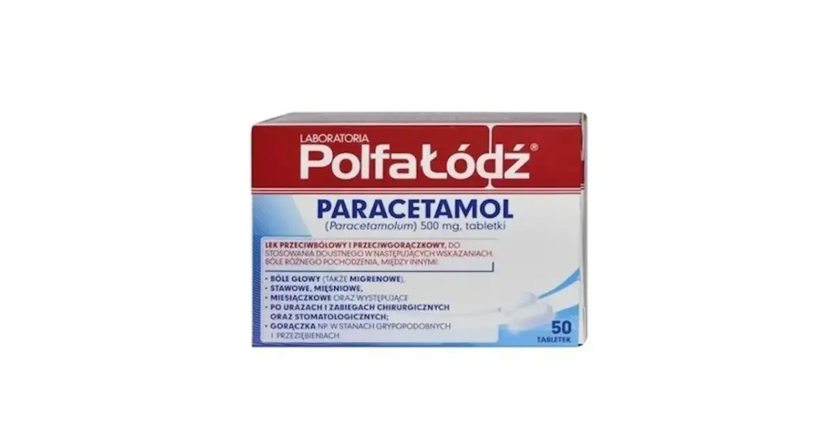 Opakowanie leku Paracetamol 500 mg. Wskazania: bóle głowy, stawowe, gorączka. Należy pamiętać o możliwych paracetamol skutki uboczne.