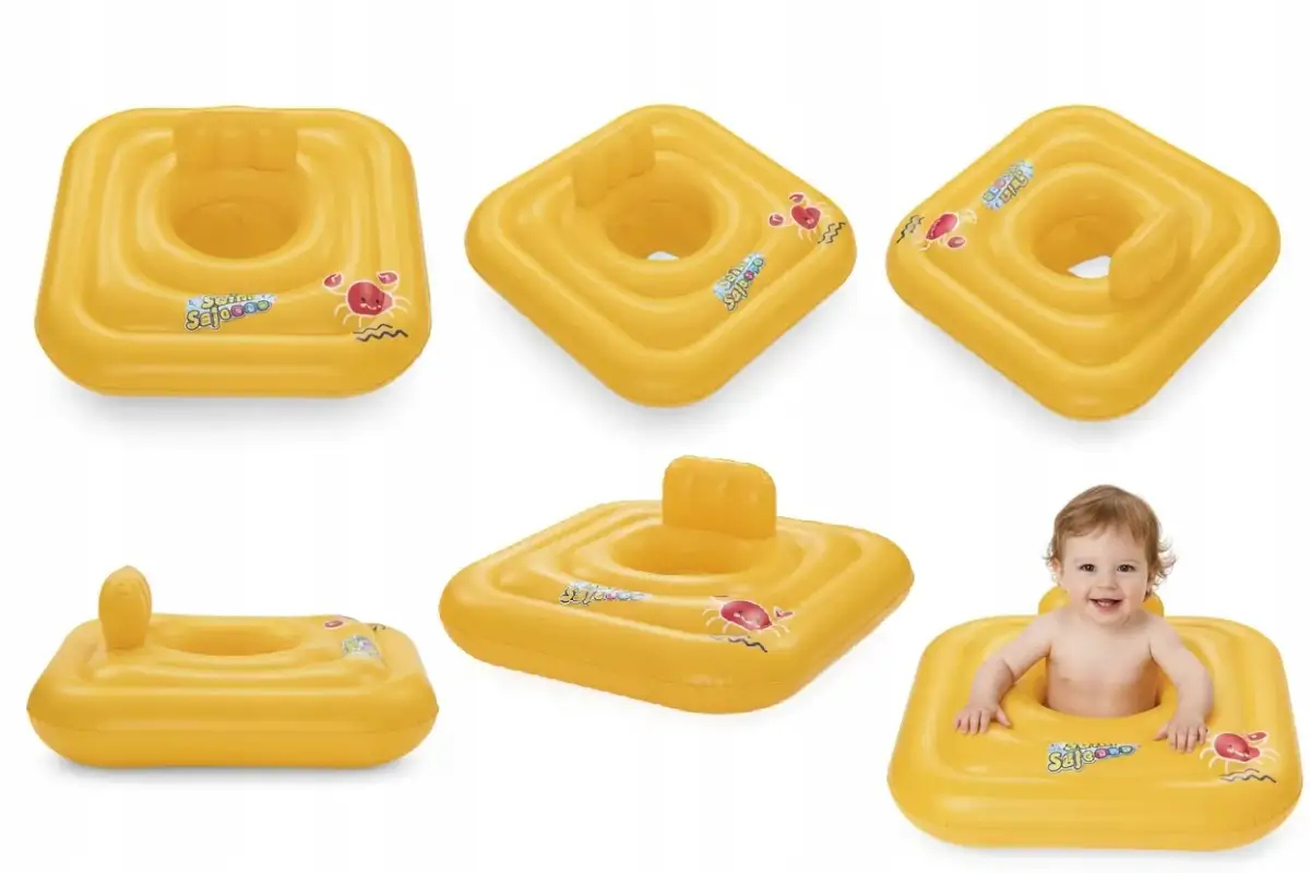 Żółte kółko do pływania dla niemowląt z daszkiem i zabawnymi krabikami. Bezpieczne i wygodne dla malucha podczas wodnych zabaw.