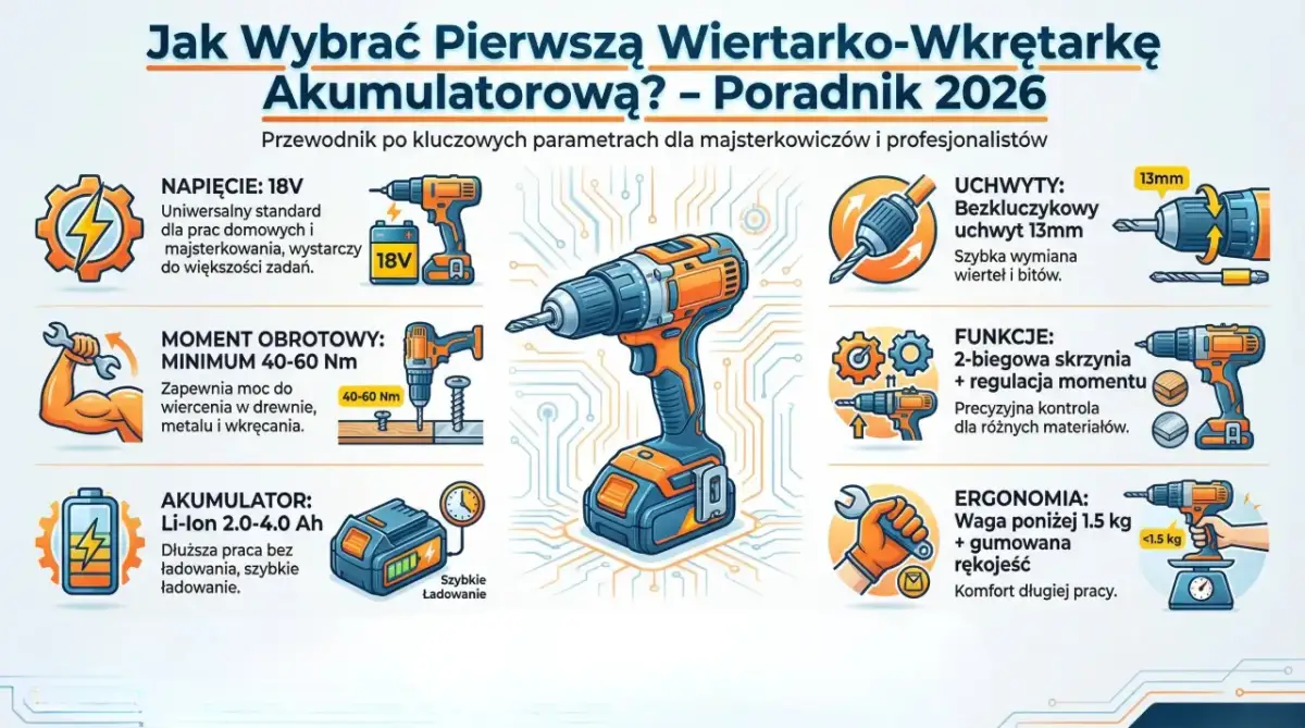 Ilustracja przedstawia wiertarko-wkrętarkę akumulatorową z ikonami opisującymi jej parametry: napięcie, moment obrotowy, akumulator, uchwyt, funkcje i ergonomię.