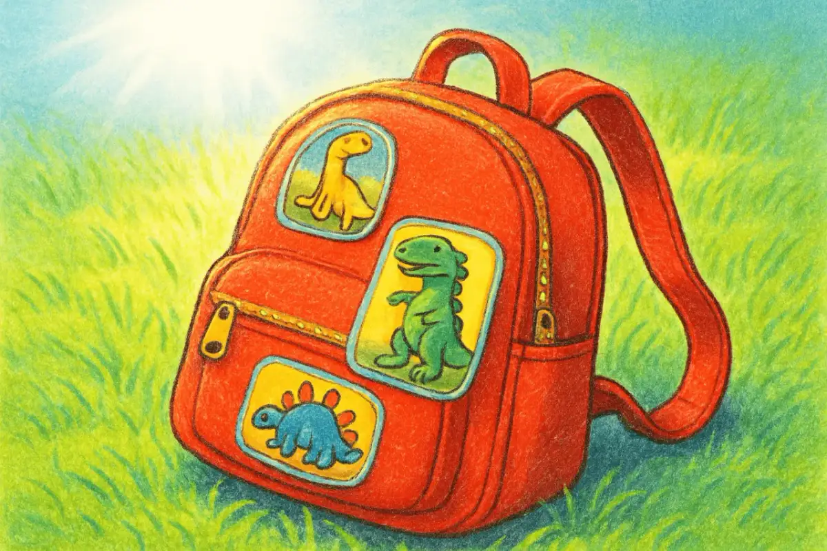 Czerwony plecak dziecięcy z naszywkami dinozaurów na trawie.