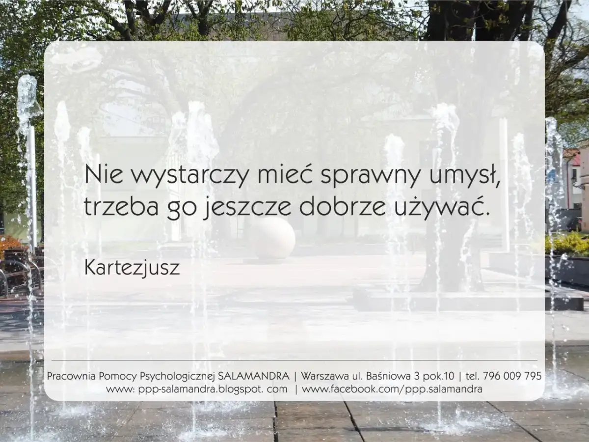 Cytat Kartezjusza: "Nie wystarczy mieć sprawny umysł, trzeba go jeszcze dobrze używać." Woda tryska z fontanny.